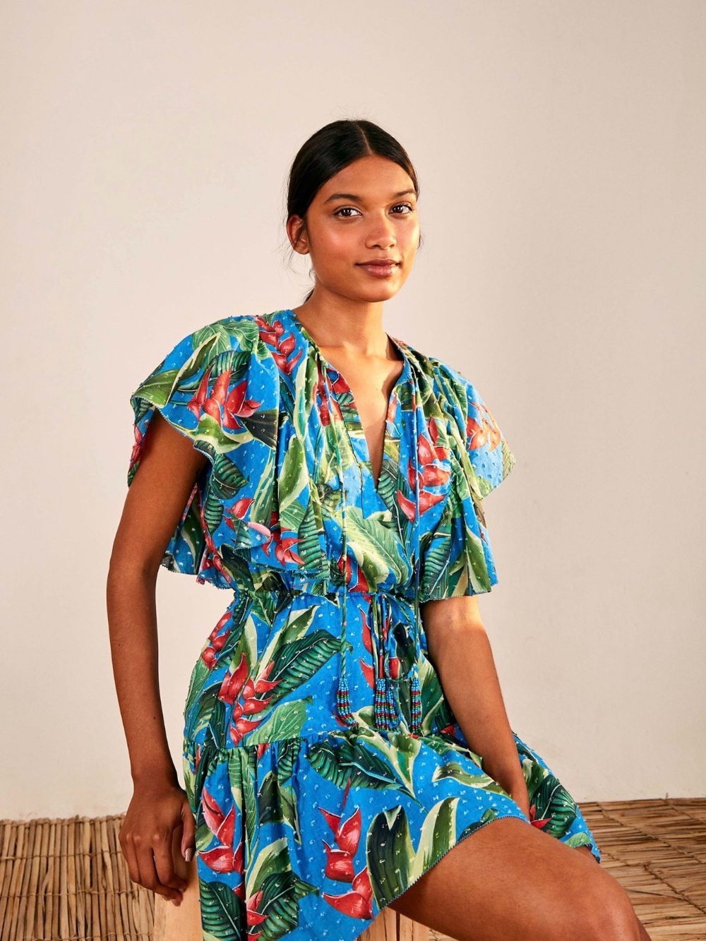 FARM Rio Blue Tropical Floral Midi Dress with Green and Red Accents